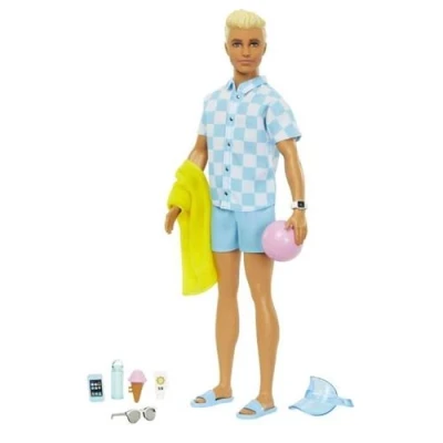 Abbildung von Barbie Ken Blonde Puppe mit blauem Hemd und Badehose, Strand Accessoires Wasserball für kreatives Spielen, Kinder ab 3 Jahren, HPL74