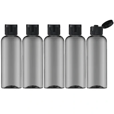 Abbildung von Toureal 100ML Reiseflaschen Set mit Flip Cap (5 Stück) Leere Spender Plastikflasche Set, Abfüllflaschen für Kosmetik Trichter (Schwarz)