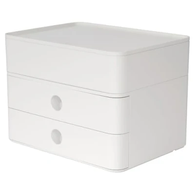 Abbildung von HAN Schubladenbox Allison SMART BOX plus mit 2 Schubladen, Trennwand sowie Utensilienbox, inkl. Kabelführung, stapelbar, Büro, Schreibtisch, Küche, möbelschonende Gummifüße, 1100 12, hochglänzend weiß