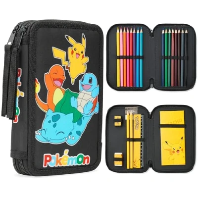 Abbildung von Pokemon Federmäppchen Groß, Gefüllte Federmappe Jungen mit Schreibwaren Set Pikachu Geschenke für Kinder (Schwarz/Mehrfarbig)