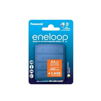 Abbildung von eneloop, AA/Mignon NI MH Akku, 4er Pack + Blauer Box, Kapazität mit min. 2000 mAh, Ready to Use Akkus, bis zu Mal wiederaufladbar, plastikfreier Verpackung, Standard, weiß