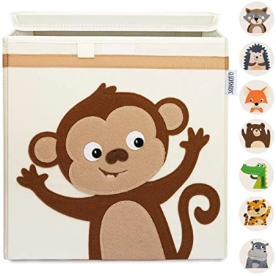 Abbildung von GLÜCKSWOLKE Kinder Aufbewahrungsboxen 15 Motive I Spielzeugkiste mit Deckel für Kinderzimmer Spielzeug Box Affe (33x33x33) Aufbewahrung Kallax Regal Dschungel Aufbewahrungsbox (Kiki Kletteraffe)