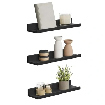 Abbildung von SONGMICS Wandregal, Schweberegal, 3er Set, 10 x 38 cm, Wandboard für Bilderrahmen und Bücher, Bilderregal Wohnzimmer, Schlafzimmer, Bad, Küche, schwarz LWS038B01
