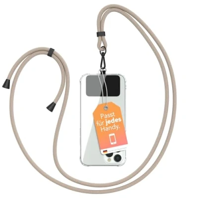 Abbildung von EAZY CASE Handykette Universal zum Umhängen kompatibel mit jedem Handy als Handyhülle Band Handytasche Kette Handyband jeder Hülle kombinierbar Kordel in Taupe Clips Schwarz