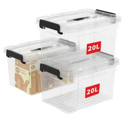 Abbildung von Cetomo 20L*3 Aufbewahrungsboxen, Tragbare Plastikboxen mit Deckeln, Organizer Behälter Griff und Clips, Stapelbar, Ineinander Nestbar, für Zuhause Büro, Transparent, 20L 3er Pack