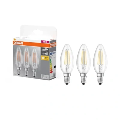 Abbildung von Osram LED Base Classic B Lampe, in Kerzenform mit E14 Sockel, nicht dimmbar, Ersetzt 40 Watt, Filementstil Klar, Warmweiß 2700 Kelvin, 3 Stück (1er Pack)