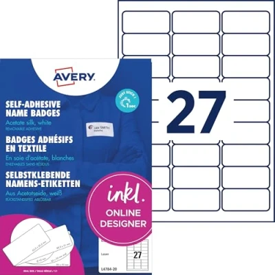 Abbildung von AVERY Zweckform L4784 20 Namensetiketten (540 Namensaufkleber, 63,5x29,6mm auf A4, selbstklebend, bedruckbare Textiletiketten aus Acetatseide für Laserdrucker, rückstandsfrei ablösbar) Blatt, weiß