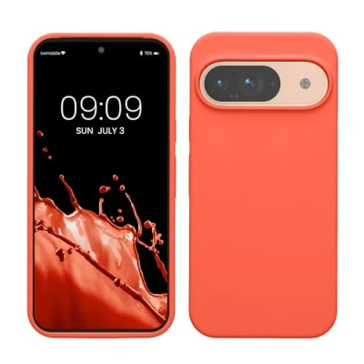 Abbildung von kwmobile Hülle kompatibel mit Google Pixel 9 / Pro Silikon Handy Case Handyhülle weiche Oberfläche kabelloses Laden Leuchtende Koralle