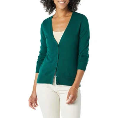 Abbildung von Amazon Essentials Damen Leichter Cardigan mit V Ausschnitt (in Übergröße erhältlich), Dunkelgrün, L