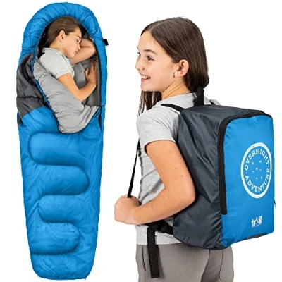 Abbildung von Trail Schlafsack Kinder Mumienschlafsack als 3 Jahreszeiten für Camping 300gsm Jungen und Mädchen mit Leichtem Transportrucksack Blau