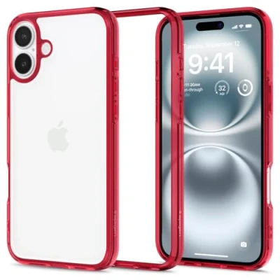 Abbildung von Spigen für iPhone 16 Hülle [Anti Yellowing] Ultra Hybrid Case Handyhülle Schutzhülle Cover Transparent Durchsichtig Dünn Slim Red Crystal
