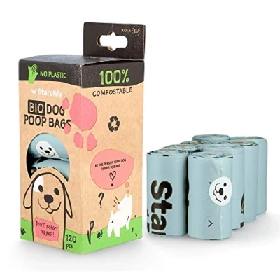 Abbildung von Starchly Kompostierbare Kotbeutel für Hundekot, umweltfreundlich, auslaufsicher, Materialien auf Stärkebasis, 120 Beutel (8 Rollen mit je 15 Stück), Blau