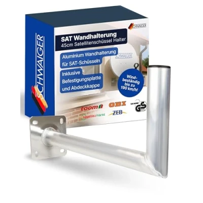 Abbildung von SCHWAIGER SAT Halterung Wand 45cm Satelliten Wandhalterung Satellitenschüssel Halter Aluminium TÜV geprüft 90 Winkel Rostfrei Antennenhalterung Antenne