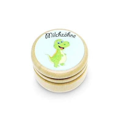 Abbildung von Milchzahndose, Zahndose Milchzähne Bilderdose aus Holz mit Drehverschluss in diversen Motiven für Jungen und Mädchen 44 mm (DINO) Made EU 7014