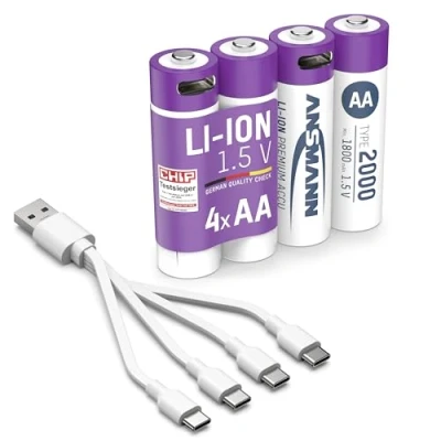 Abbildung von ANSMANN Akku Mignon AA Typ C Anschluss Li Ion 1800mAh 1,5V, 4 Stück, wiederaufladbar, ideal für Fernbedienung, Controller, Spielzeug, Funkgerät