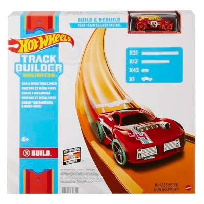 Abbildung von Hot Wheels Bahn Track Builder, Verbindungsstücke (12m) für Autorennbahnen der Autos, inkl. 1 Spielzeugauto, zur individuellen Gestaltung, Auto Spielzeug, Spielzeug ab 4 Jahre, FTL69