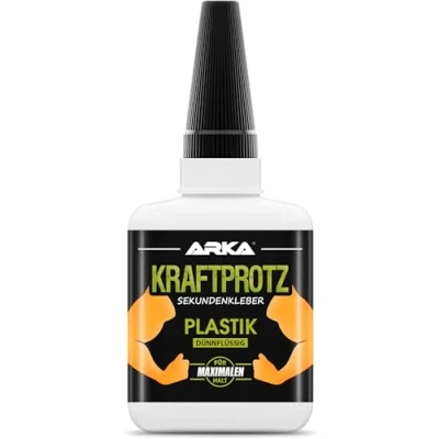 Abbildung von 50 g Sekundenkleber für Kunststoff extra stark, wasserfest, hitzebeständig &amp; Verschluss gegen Austrocknung dünnflüssiger Kunststoffkleber, Plastik Kleber Kunststoff, Acrylglas ARKA Kraftprotz