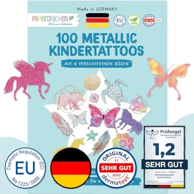Abbildung von Papierdrachen 100 Metallic Tattoos für Kinder Hautfreundliche Kindertattoos Mandala als Geburtstagsmitgebsel &amp; Geschenkidee Jungen und Mädchen in Deutschland hergestellt
