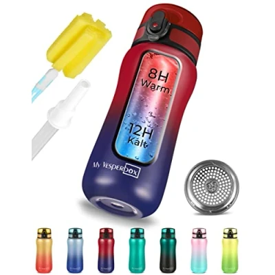 Abbildung von My Vesperbox Edelstahl Thermos Trinkflasche auslaufsicher mit Strohhalm oder Sieb 400 ml, 600ml BPA FREI für Kindergarten, Schule (Rot Blau, ml)