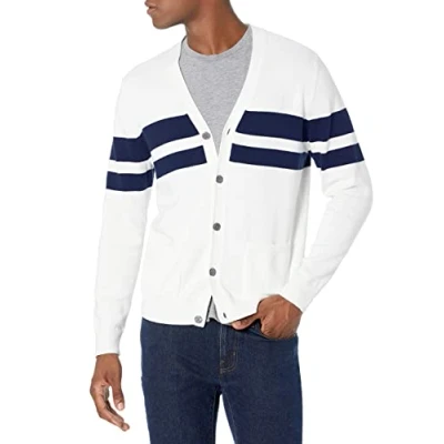 Abbildung von Amazon Essentials Herren Strickjacke aus Baumwolle, Marineblau Weiß Rugby Streifen, XL