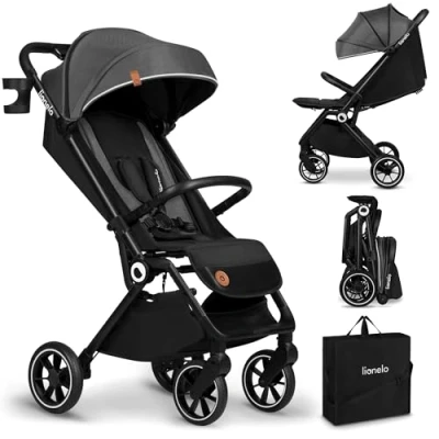 Abbildung von LIONELO Cloe Zusammenklappbarer Kinderwagen bis zu 22 kg, Verstellbare Rückenlehne Schlaffunktion, 5 Punkt Gurt Große Schwenkräder Moskitonetz Becherhalter Leichtgewicht Kompakt Wasserdicht (Grau)