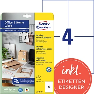 Abbildung von AVERY Zweckform LR3483 10 Recycling Etiketten (40 Adressaufkleber, 105x148mm auf A4, 100% recyceltes Altpapier, bedruckbare Versandetiketten, selbstklebende Klebeetiketten, DHL) Blatt, naturweiß
