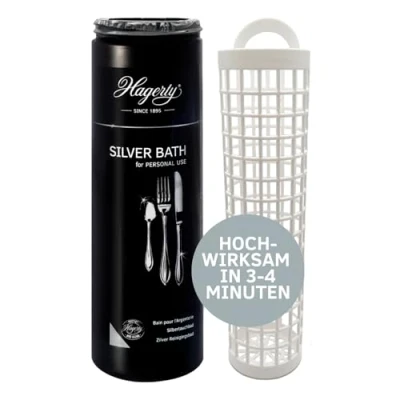 Abbildung von Hagerty Silver Bath Silbertauchbad mit Anlaufschutz 580 ml I Effektives Silberputzmittel für Besteck aus Silber oder versilbertem Metall Reinigungsbad erneuerten Glanz Tauchkorb