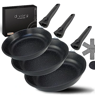 Abbildung von DIVORY Pfannenset 3 teilig Pfanne 20cm, 24cm, 28cm mit abnehmbaren Griff, Induktion, Antihaft Beschichtete Bratpfanne hoch + Pfannenschoner Induktionspfanne