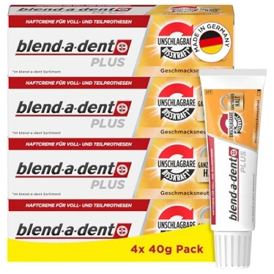 Abbildung von Blend a dent Plus Unschlagbare Bisskraft Haftcreme für Voll und Teilprothesen, Made in Germany, Geschmacksneutral, 4x40g,Weiss