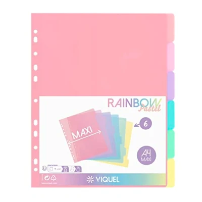 Abbildung von Viquel 6 Stück Register Rainbow Pastell Maxi Format (24,5 x 30,5 cm) für A4 Ordner oder Aktenordner Pastellfarben