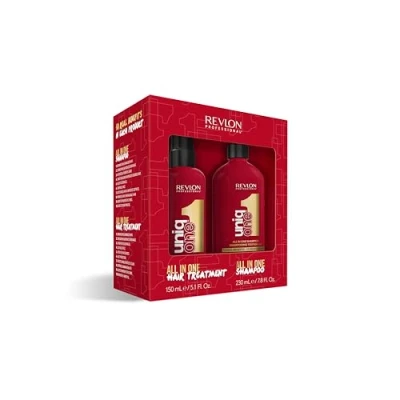 Abbildung von REVLON PROFESSIONAL UniqOne Pflege Set: Hair Treatment Classic, 150 ml, Leave in Haarkur, Anti Frizz Spray mit Hitzeschutz &amp; Shampoo, 230 für seidiges, glänzendes und gut kämmbares Haar, vegan