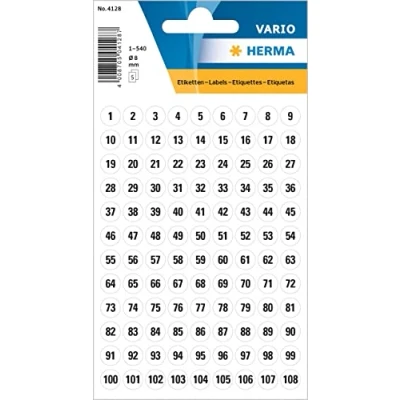 Abbildung von HERMA 4128 Zahlen Aufkleber schwarz 1 540 rund, Stück, Ø 8 mm, selbstklebend, klein, matt, Nummer Ziffer Klebezahlen Sticker Hausnummern aus Papier zum Aufkleben, weiß