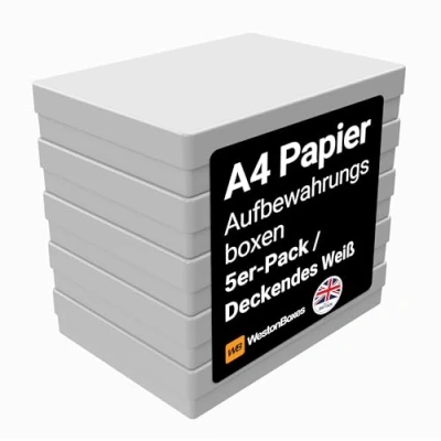 Abbildung von WestonBoxes Robuste A4 Blickdichte und Stoßfeste Aufbewahrungsboxen mit Deckel für Bastelbedarf, Papier Karte 3,6 Liter Volumen (Opak Weiß/5er Pack)
