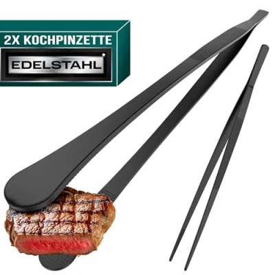Abbildung von 4happy Kochpinzette 2 Stück Edelstahl Set, runde Grillpinzette zum Kochen und Braten + spitze Küchenpinzette Dekorieren, Pinzette Küche 30 cm, Schwarz