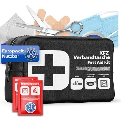 Abbildung von Verbandstasche Norm 2025 KFZ mit Beatmungstücher Verbandskasten Auto DIN13164:2022 Erste Hilfe Set StVO konform (Schwarz)