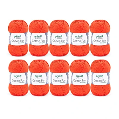 Abbildung von Gründl Cotton Fun Strickgarn / Häkelgarn (weiches Garn aus 100% Baumwolle , OEKO TEX zertifiziert, 50 g/115 m, Nadelstärke: 3 4, 10 Knäuel á g), Orange