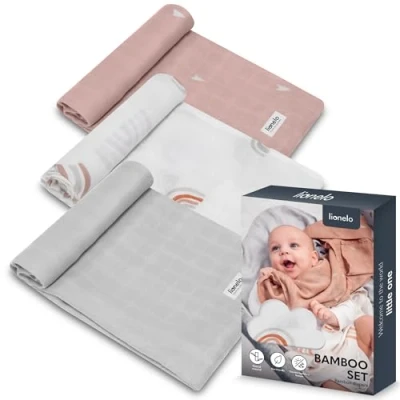 Abbildung von LIONELO Bamboo Set 3 Stück natürliche mullwindeln Bambus 70x70, vom 1. Lebenstag, antibakteriell, antimykotisch, hypoallergisch, sanft, weich, Decke, Wickelunterlage (RAINBOW)