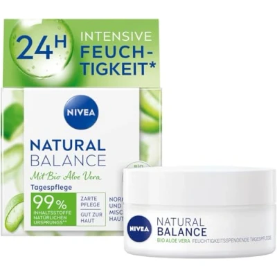 Abbildung von NIVEA Natural Balance feuchtigkeitsspendende Tagespflege (50 ml), Feuchtigkeitscreme mit Bio Aloe Vera, Jojoba und Mandelöl, Tagescreme für normale Mischhaut
