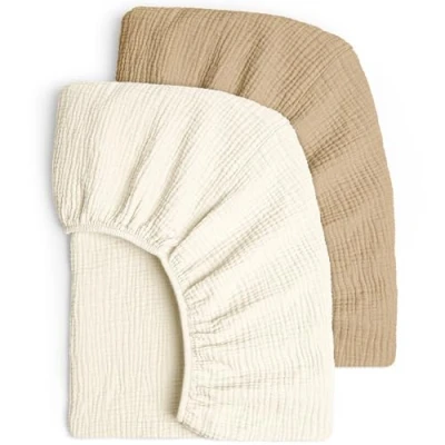 Abbildung von lulumoon Musselin Kinderbett Spannbettlaken Set: Weiches &amp; Atmungsaktives Spannbetttuch für Reisebett und Babybett 100% Baumwolle 60x120 70x140cm 2er Pack (Weiß Gelb)