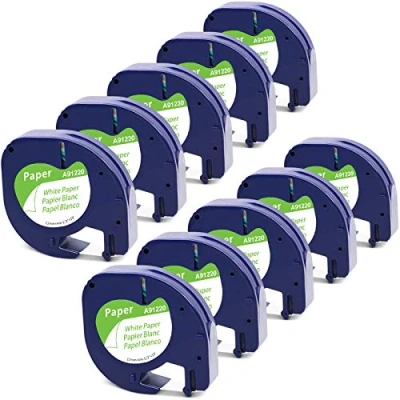 Abbildung von 10x MarkField Kompatible für Dymo Letratag Papier Etikettenband 12mm x 4m, mit Paper White Letra Tag Band 10697 Etiketten LT 100H 100T 200B, Schwarz auf Weiß