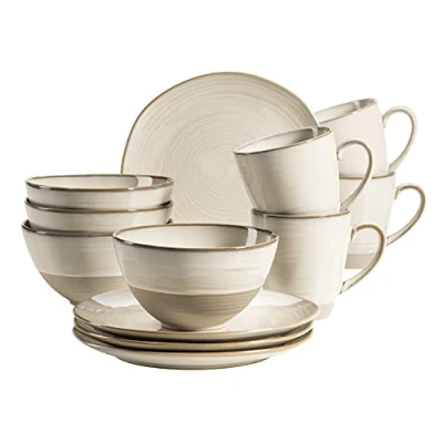 Abbildung von MÄSER 931818 Serie Nottingham Vintage Geschirr Set für 4 Personen, 12 teiliges Frühstücksservice mit unregelmäßig runden Formen im Retro Look, Steinzeug, Beige