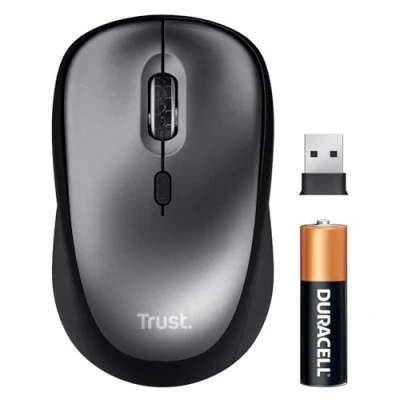 Abbildung von Trust Yuki Leise Funkmaus mit Batterie für Rechts und Linkshänder, 800 1600 DPI, 83% Recyclingkunststoff, Verstaubarer USB Mikroempfänger, Kompakte Maus Kabellos Laptop, PC, Mac Schwarz