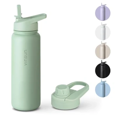 Abbildung von VINSUN Trinkflasche Edelstahl weiß 750ml auslaufsicher, Kohlensäure geeignet, BPA frei Strohhalm, Trinköffnung Thermosflasche Sport, Outdoor, Schule, Uni, Fahrrad, Büro, Camping