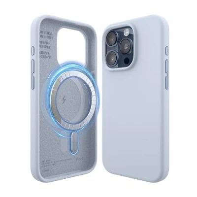 Abbildung von elago Magnetische Silikonhülle Kompatibel mit iPhone 15 Pro Hülle, MagSafe Alles Zubehör, Integrierte Magnet, Premium Silikon, Ganzkörper Schutzhülle [5 Lagige Struktur] (Hellblau)
