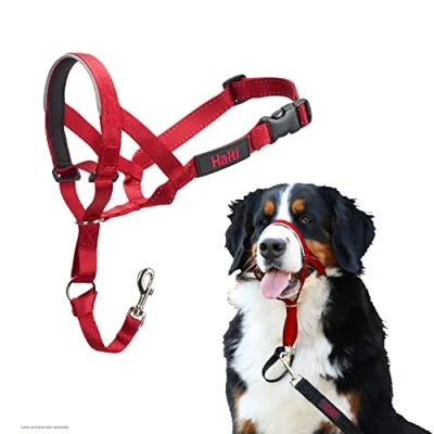 Abbildung von HALTI Kopfgeschirr Verhindert, dass Ihr Hund an der Leine zieht, Einfache Anpassung, Leicht, mit gepolstertem Nasenriemen, Anti Zug Halsband für große Hunde (Größe 4, Rot)