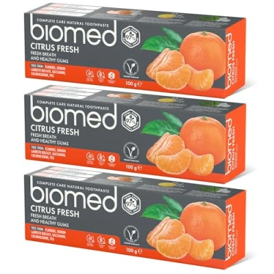 Abbildung von BIOMED Zitrusfrische Zahnpasta 3 x 100 g, für frischen Atem und gesundes Zahnfleisch, frei von Fluorid, SLS, PEG, Saccharin, entfernt Plaque, schützt vor Karies, Zitrusgeschmack