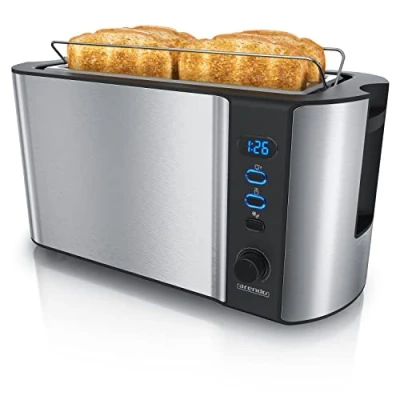 Abbildung von Arendo Edelstahl Toaster Langschlitz 4 Scheiben Defrost Funktion wärmeisolierendes Gehäuse mit integrierten Brötchenaufsatz 1500W Krümelschublade Display Restzeitanzeige Silber