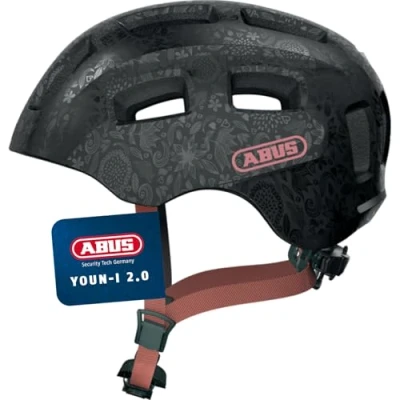 Abbildung von ABUS Fahrradhelm Youn I 2.0 mit Licht für Kinder, Jugendliche und junge Erwachsene Mädels Jungs Schwarz Blumen Muster, Größe S