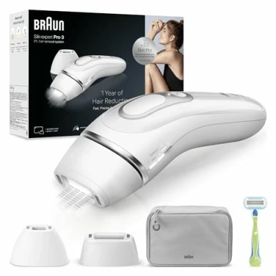 Abbildung von Braun Silk·expert Pro 3 Epilierer mit Lichtimpulsen, semi Definitive Haarentfernung der Haare, Alternative zu Laser, Tasche, Venus Rasierer, 2 Köpfe, weiß/silber, PL3122