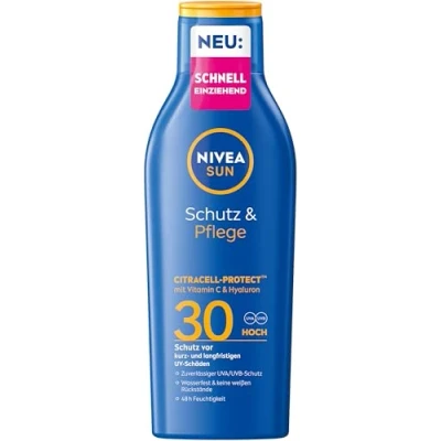 Abbildung von NIVEA SUN Schutz &amp; Pflege Sonnenlotion LSF 30, wasserfester Sonnenschutz mit Vitamin C Hyaluron, schnell einziehende Sonnencreme für 48h Feuchtigkeit ohne weißen Film (200 ml)